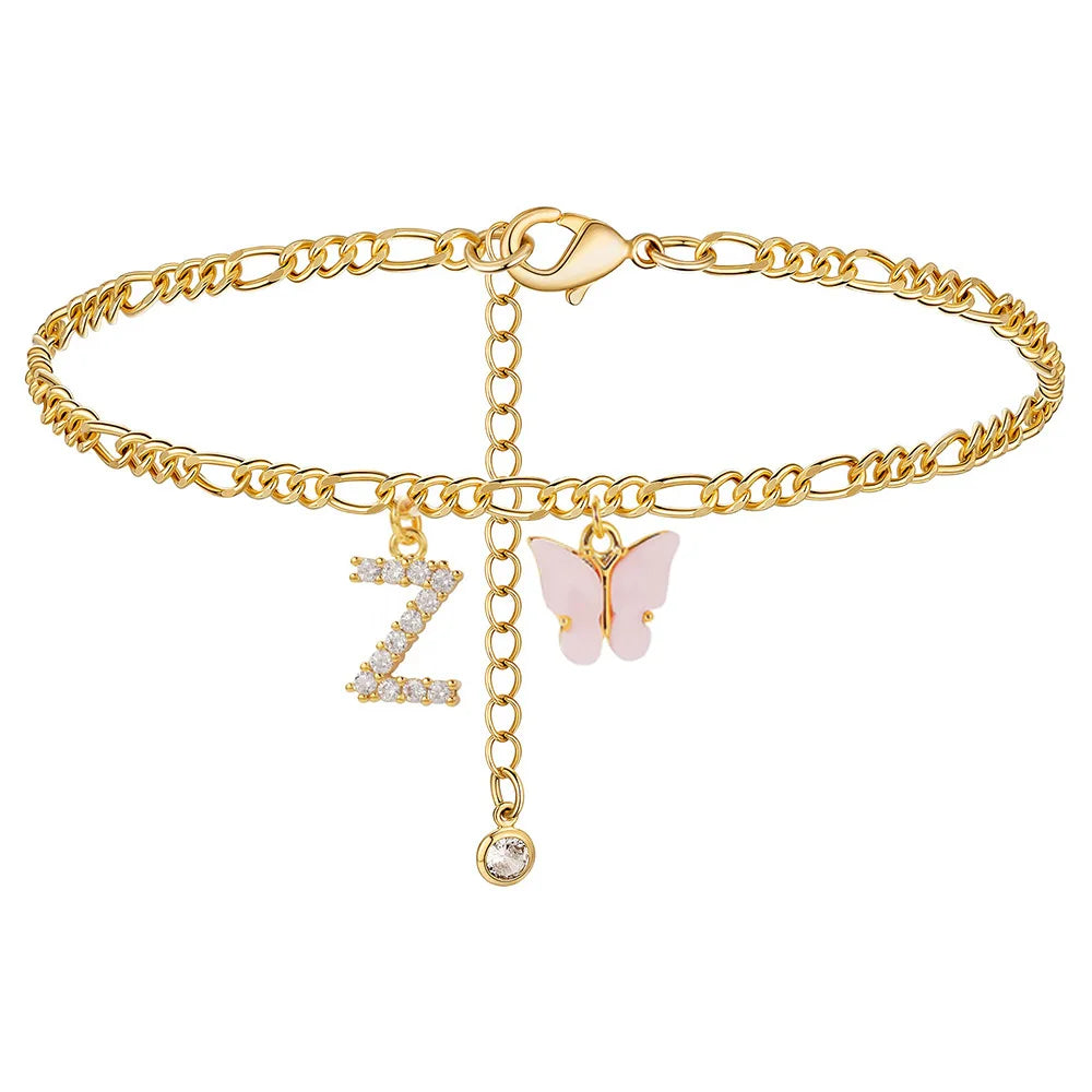 Initial Cuban Link Anklet Butterfly Jewelry