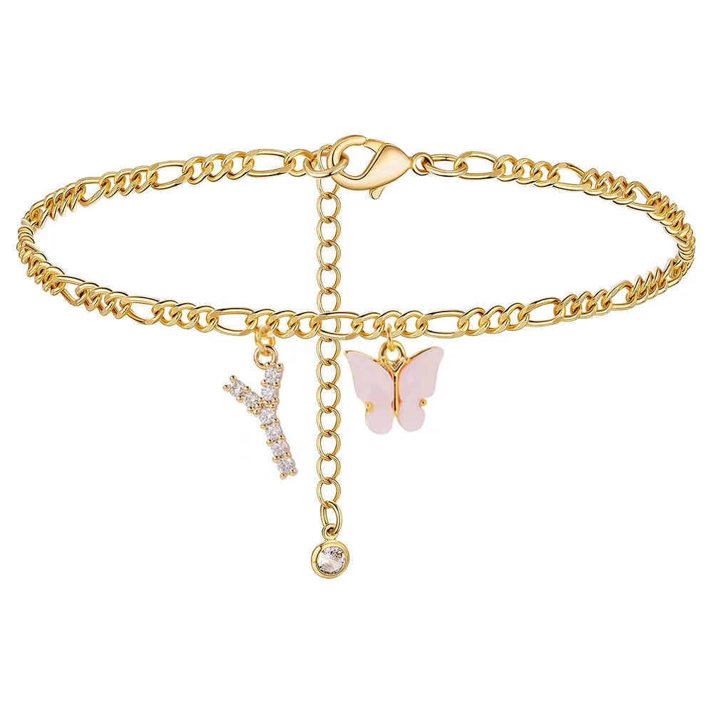 Initial Cuban Link Anklet Butterfly Jewelry
