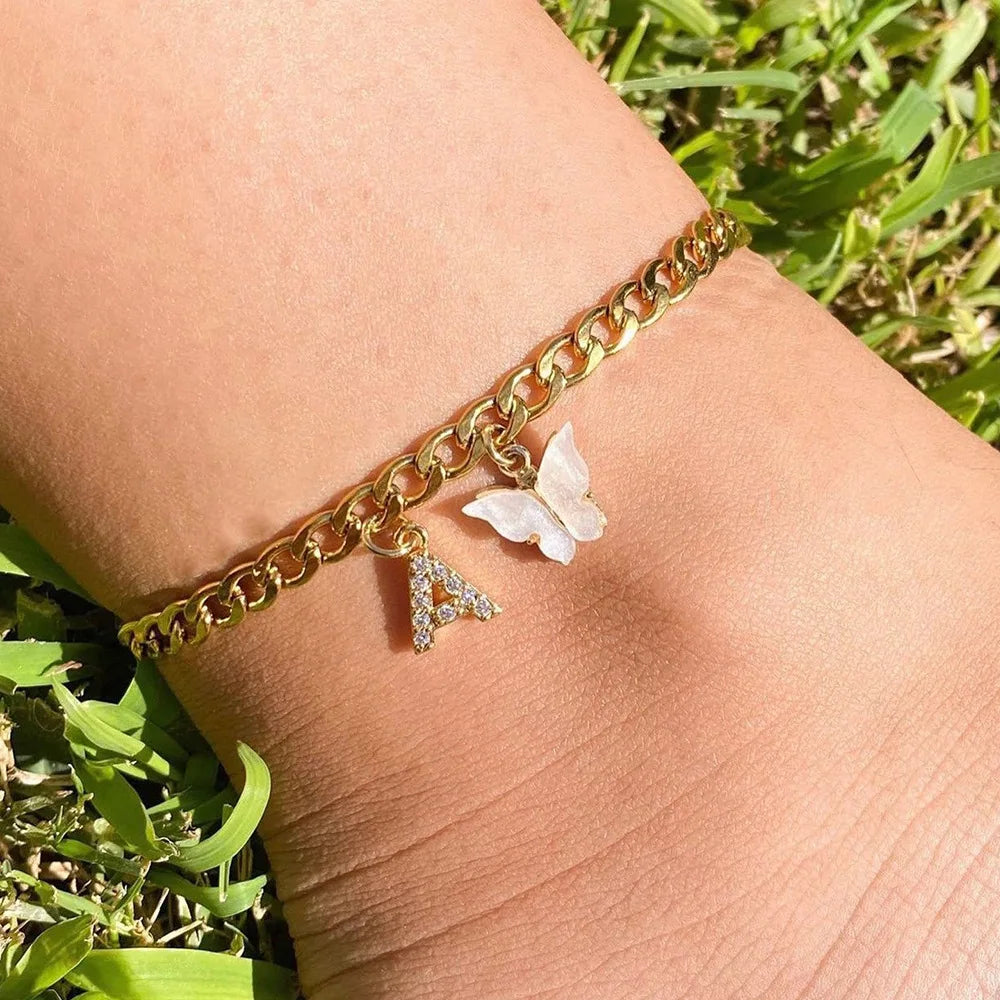 Initial Cuban Link Anklet Butterfly Jewelry