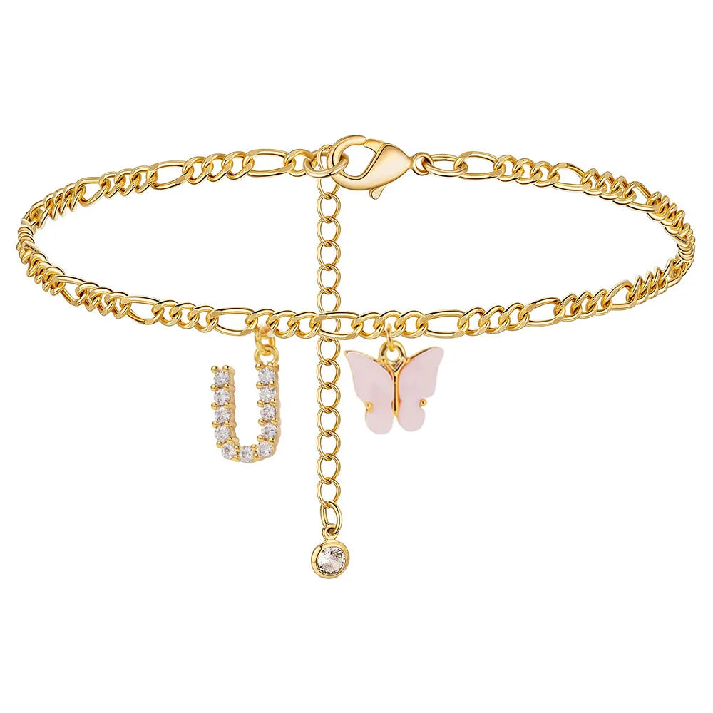Initial Cuban Link Anklet Butterfly Jewelry