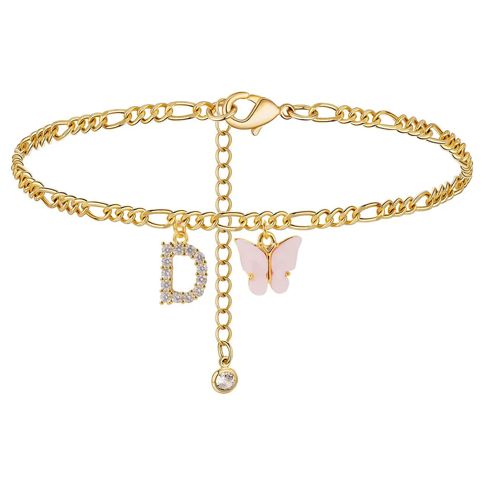 Initial Cuban Link Anklet Butterfly Jewelry