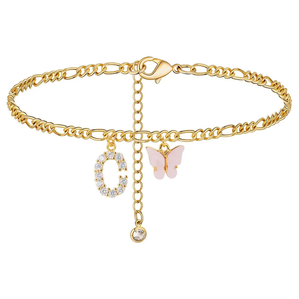 Initial Cuban Link Anklet Butterfly Jewelry