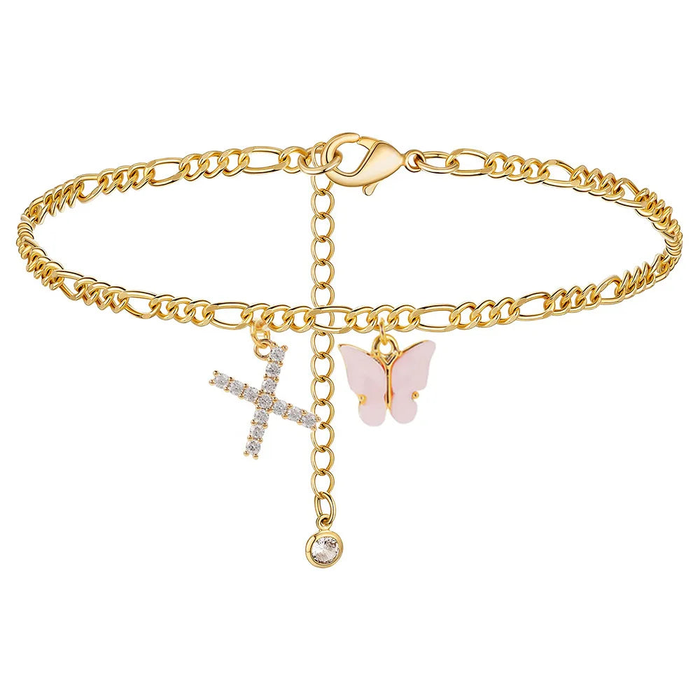 Initial Cuban Link Anklet Butterfly Jewelry