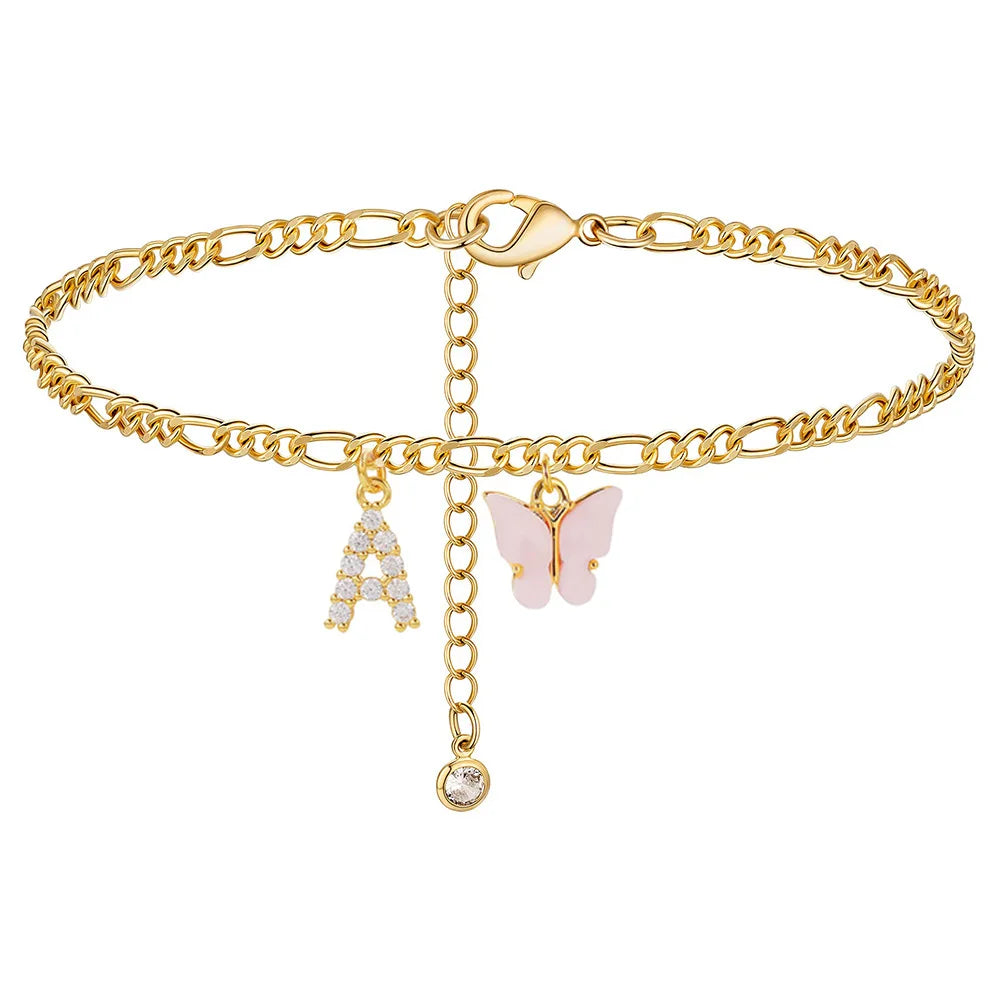 Initial Cuban Link Anklet Butterfly Jewelry