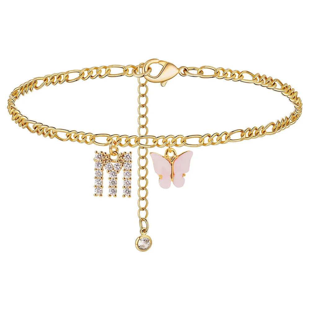 Initial Cuban Link Anklet Butterfly Jewelry