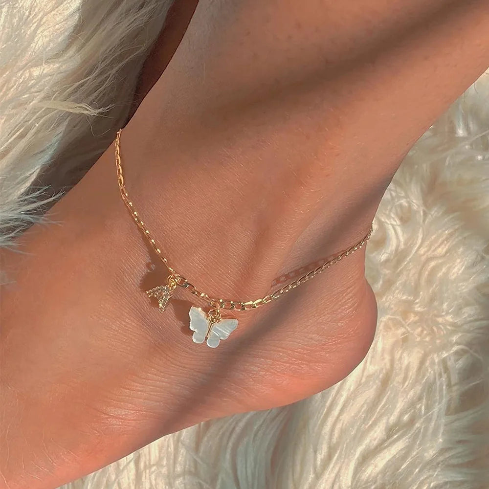 Initial Cuban Link Anklet Butterfly Jewelry